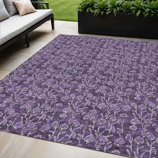 Purple Eggplant And Ivory Floral Washable Indoor Outdoor Area Rug Photo 1