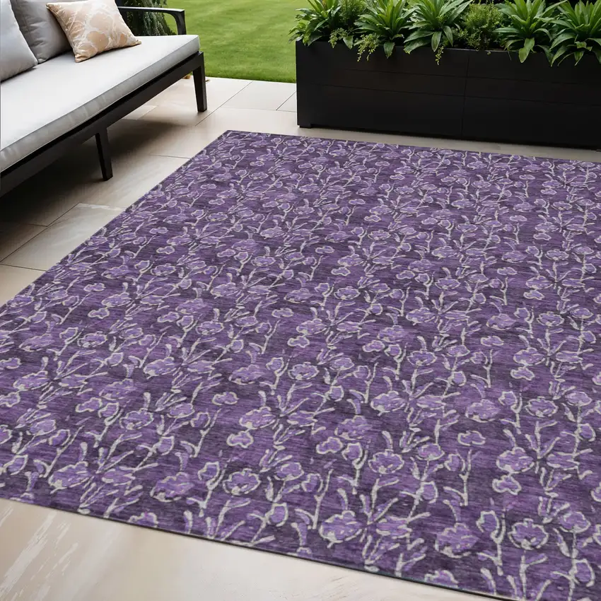Purple Eggplant And Ivory Floral Washable Indoor Outdoor Area Rug Photo 1
