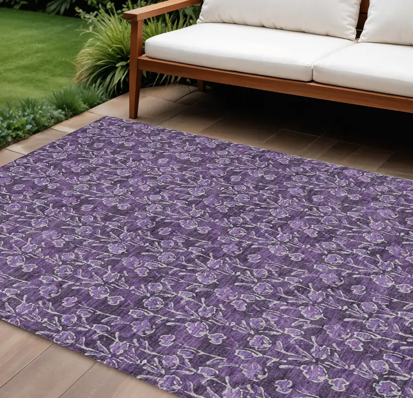 Purple Eggplant And Ivory Floral Washable Indoor Outdoor Area Rug Photo 1