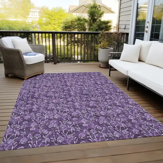Purple Eggplant And Ivory Floral Washable Indoor Outdoor Area Rug Photo 9