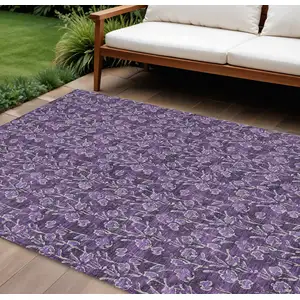 Photo of Purple Eggplant And Ivory Floral Washable Indoor Outdoor Area Rug