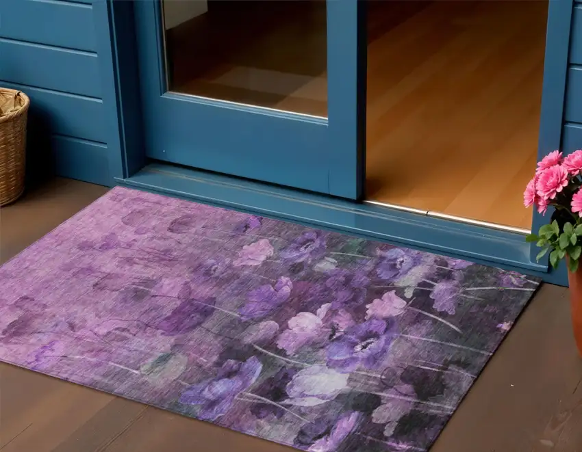Purple Eggplant And Lavender Floral Washable Indoor Outdoor Area Rug Photo 1