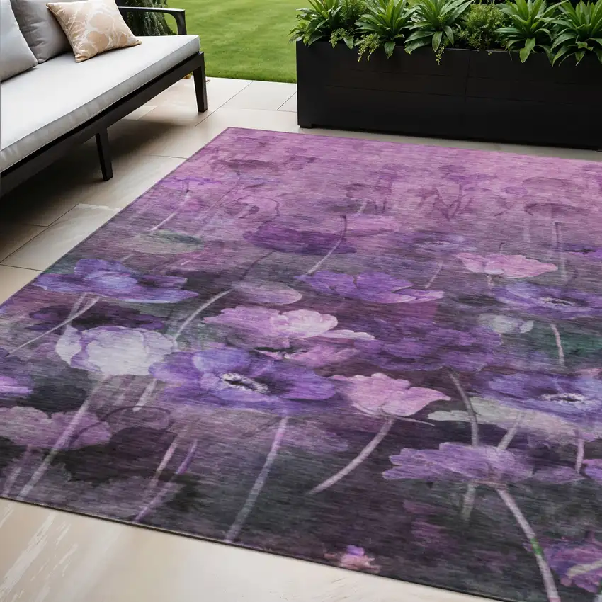 Purple Eggplant And Lavender Floral Washable Indoor Outdoor Area Rug Photo 1