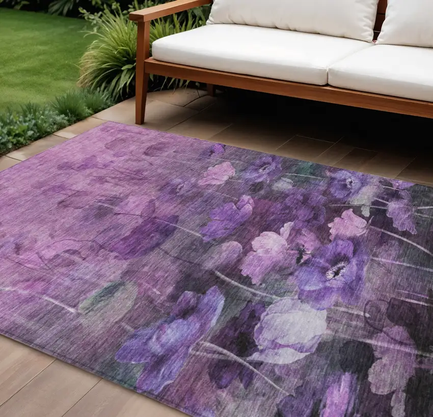 Purple Eggplant And Lavender Floral Washable Indoor Outdoor Area Rug Photo 1