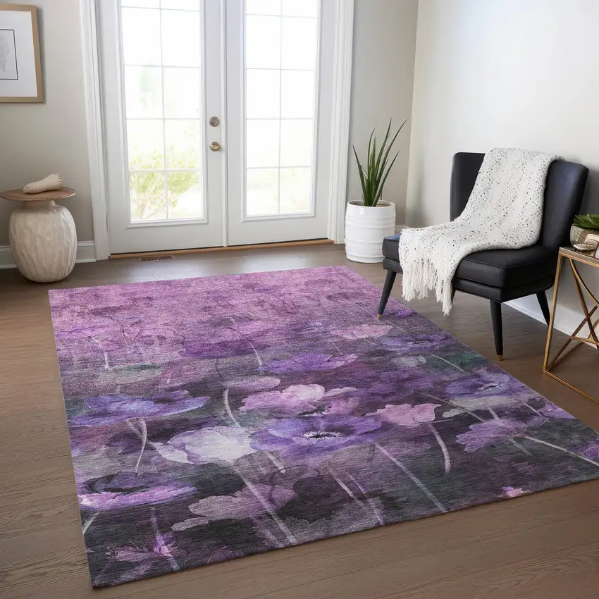 Purple Eggplant And Lavender Floral Washable Indoor Outdoor Area Rug Photo 7