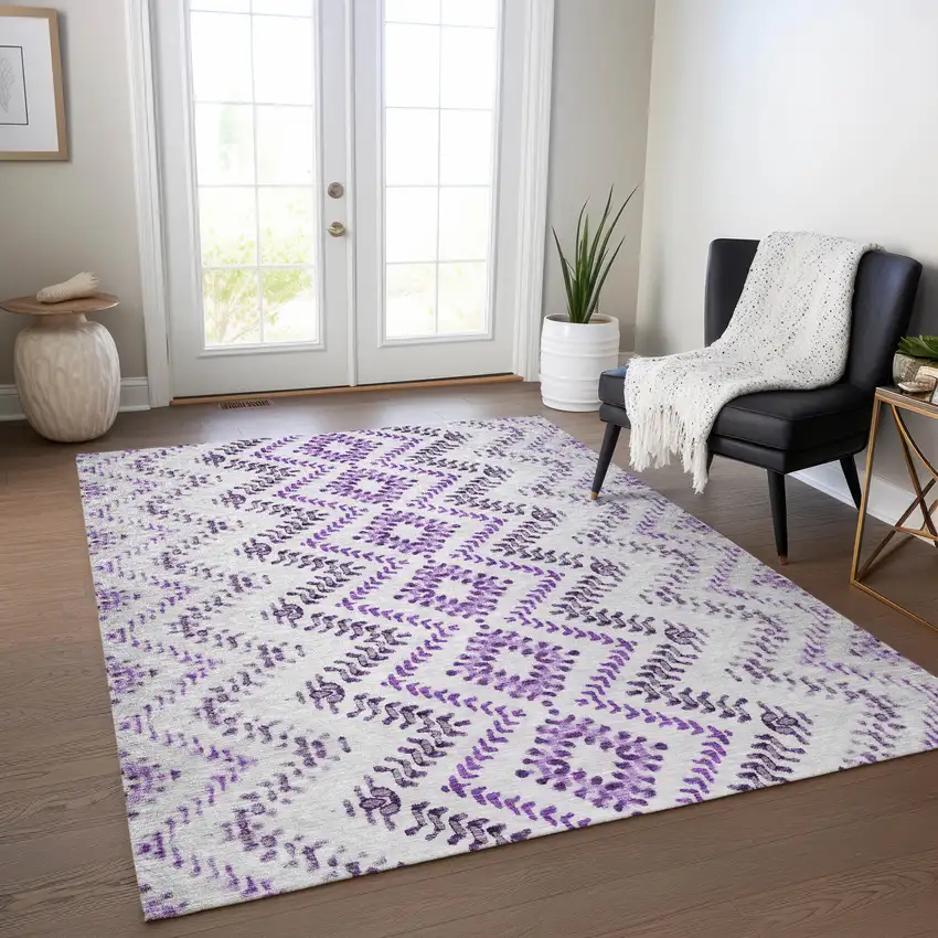 Purple Eggplant And Lavender Geometric Washable Indoor Outdoor Area Rug Photo 9