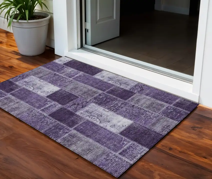 Purple Eggplant And Lavender Patchwork Washable Indoor Outdoor Area Rug Photo 1
