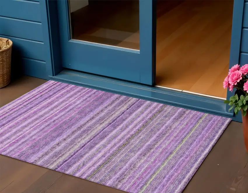 Purple Eggplant And Lilac Striped Washable Indoor Outdoor Area Rug Photo 1