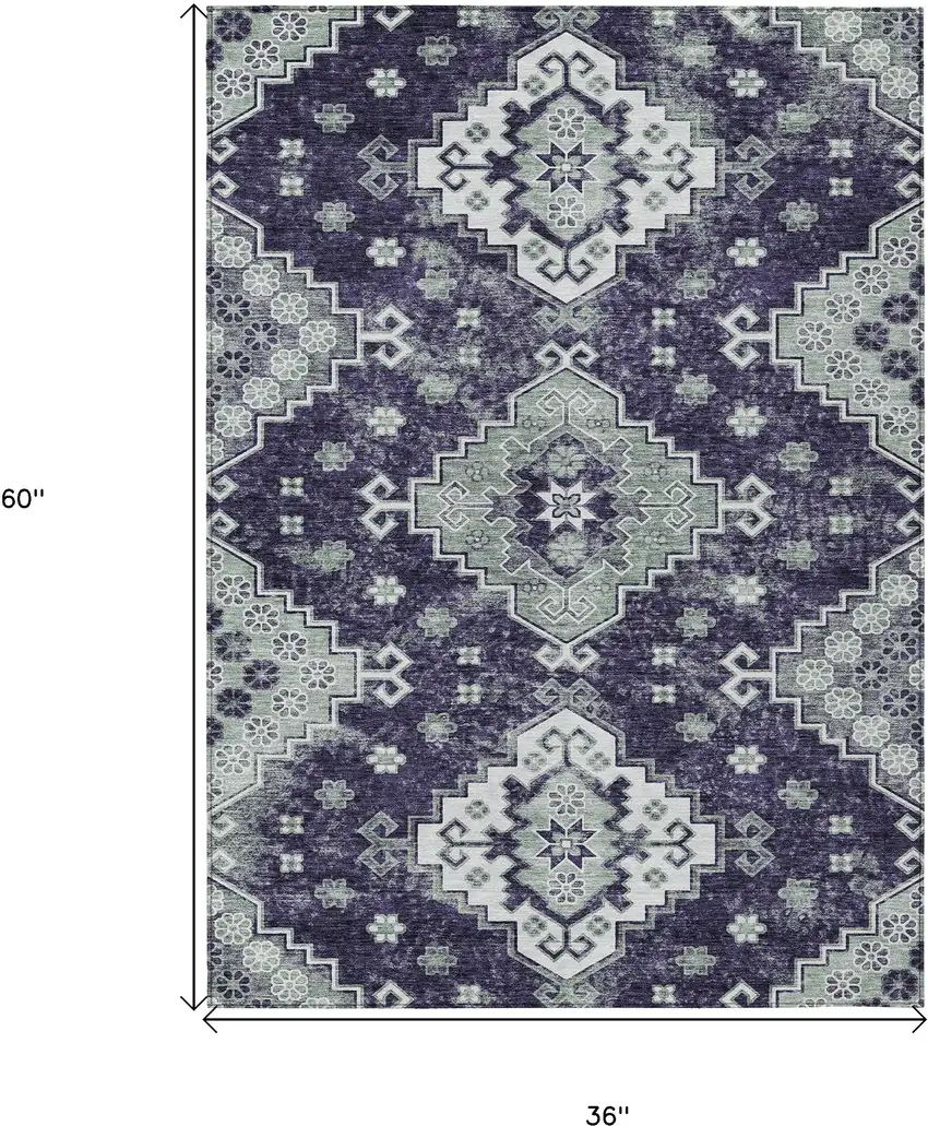 Purple Eggplant And Sage Medallion Washable Indoor Outdoor Area Rug Photo 3