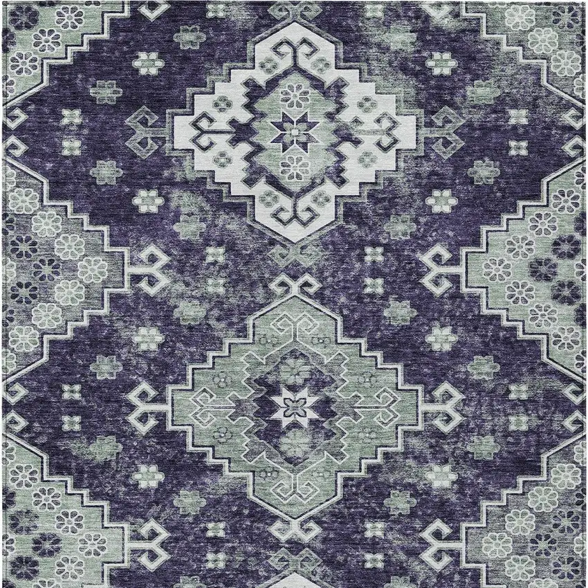 Purple Eggplant And Sage Medallion Washable Indoor Outdoor Area Rug Photo 8
