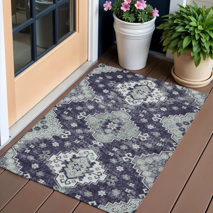 Purple Eggplant And Sage Medallion Washable Indoor Outdoor Area Rug Photo 1