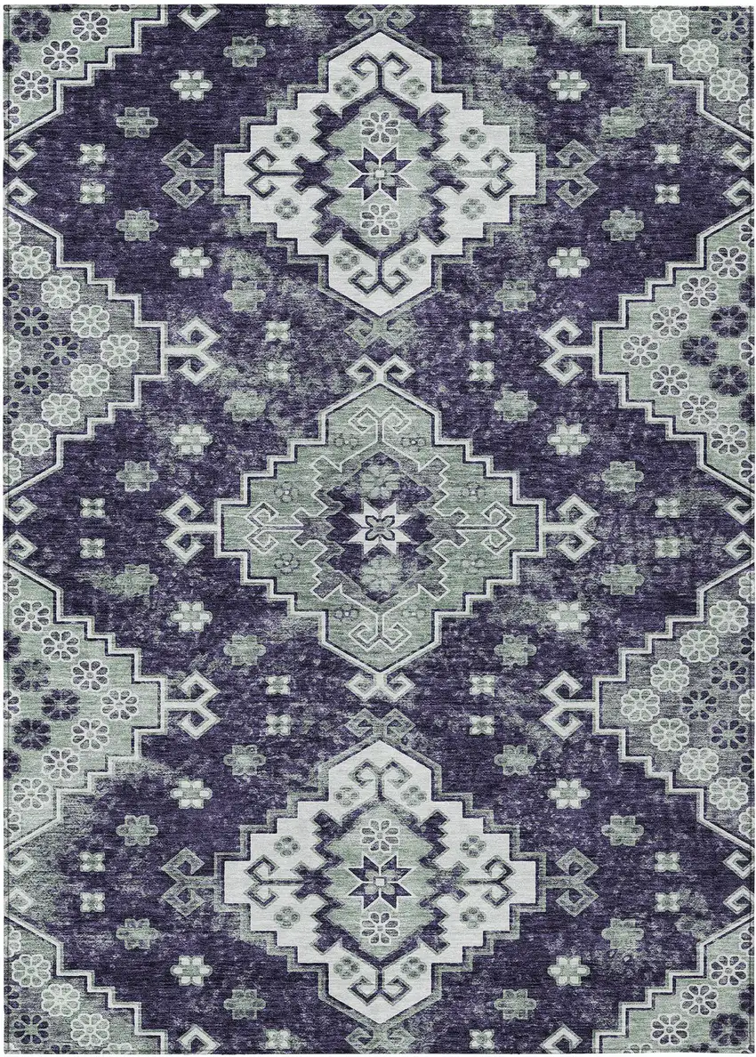 Purple Eggplant And Sage Medallion Washable Indoor Outdoor Area Rug Photo 2