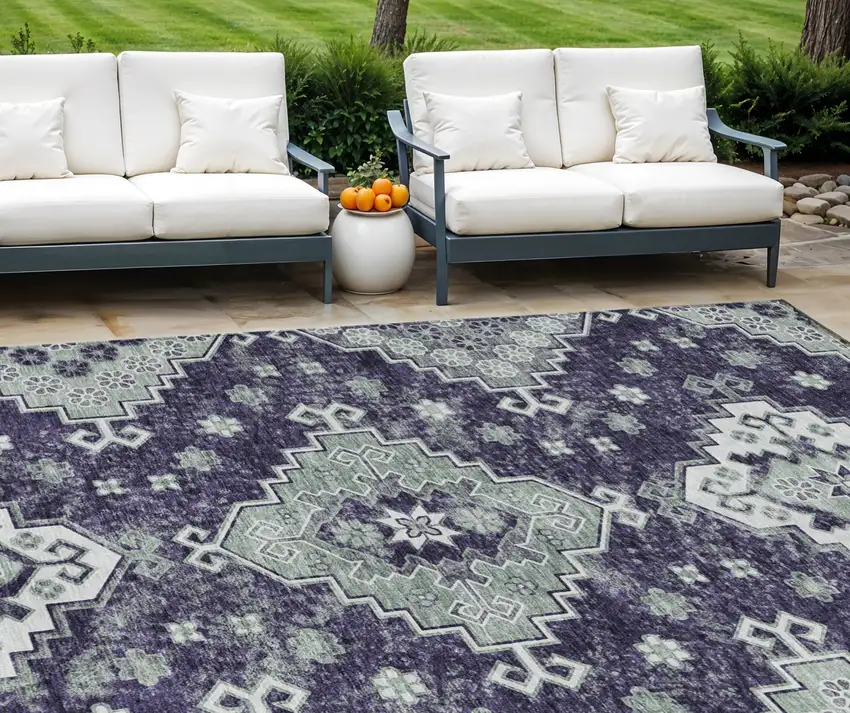 Purple Eggplant And Sage Medallion Washable Indoor Outdoor Area Rug Photo 1