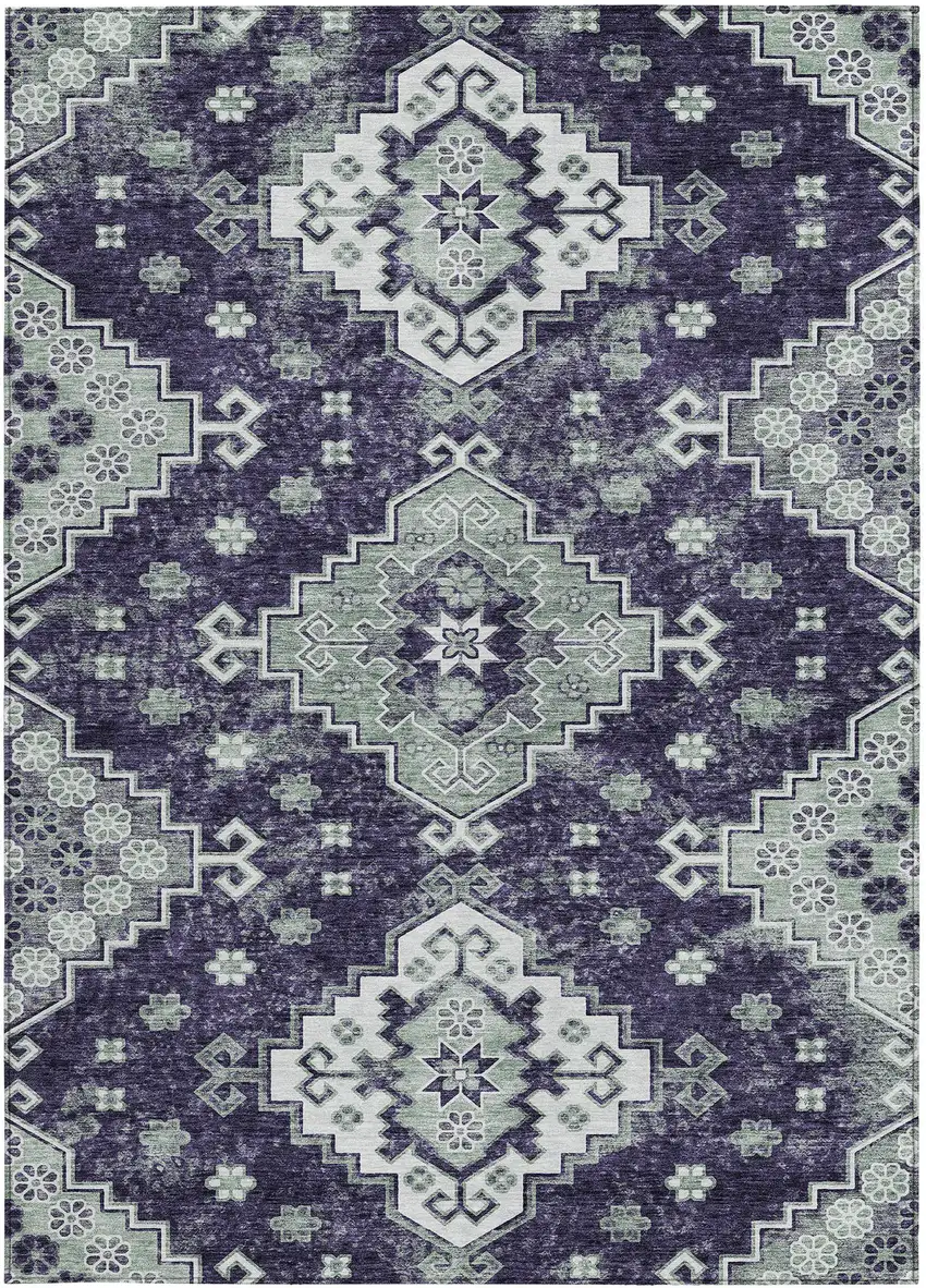 Purple Eggplant And Sage Medallion Washable Indoor Outdoor Area Rug Photo 7