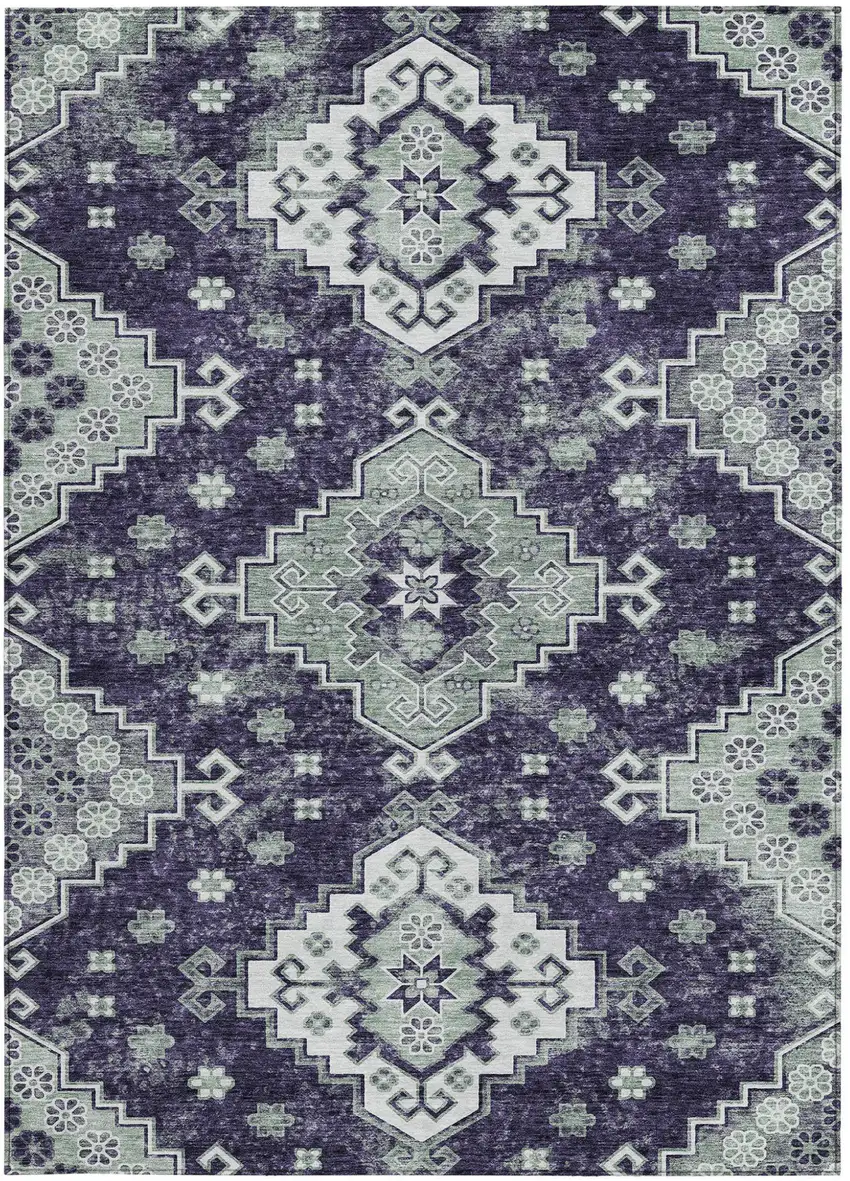 Purple Eggplant And Sage Medallion Washable Indoor Outdoor Area Rug Photo 7