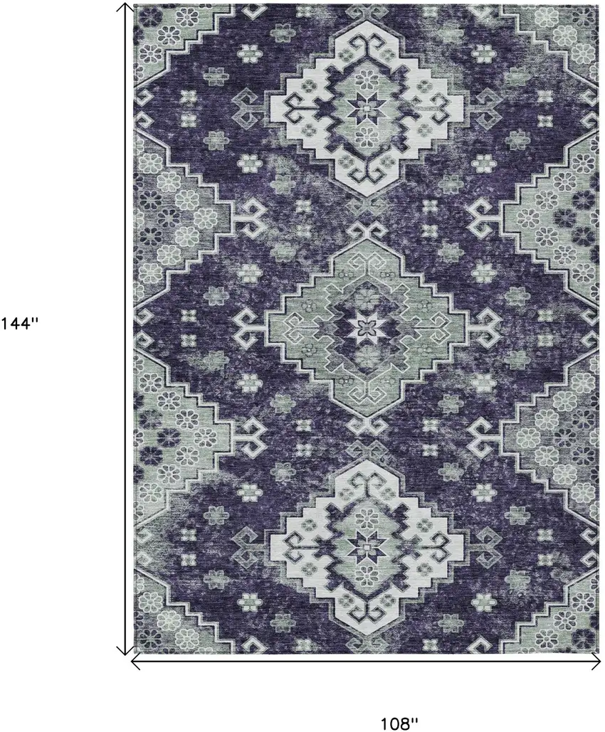 Purple Eggplant And Sage Medallion Washable Indoor Outdoor Area Rug Photo 3