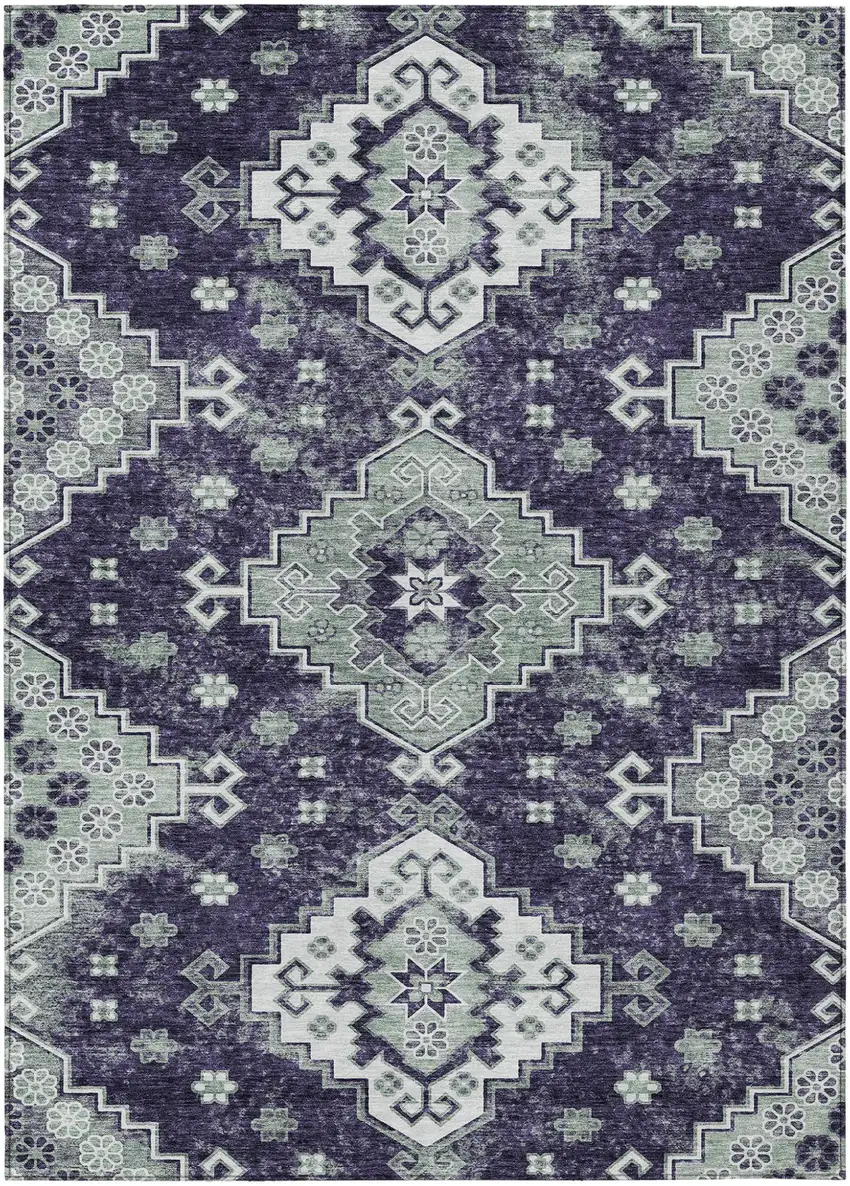 Purple Eggplant And Sage Medallion Washable Indoor Outdoor Area Rug Photo 2