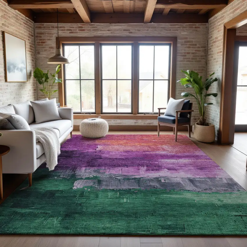 Purple Emerald And Coral Abstract Washable Area Rug With UV Protection Photo 5