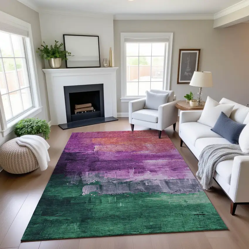 Purple Emerald And Coral Abstract Washable Area Rug With UV Protection Photo 4