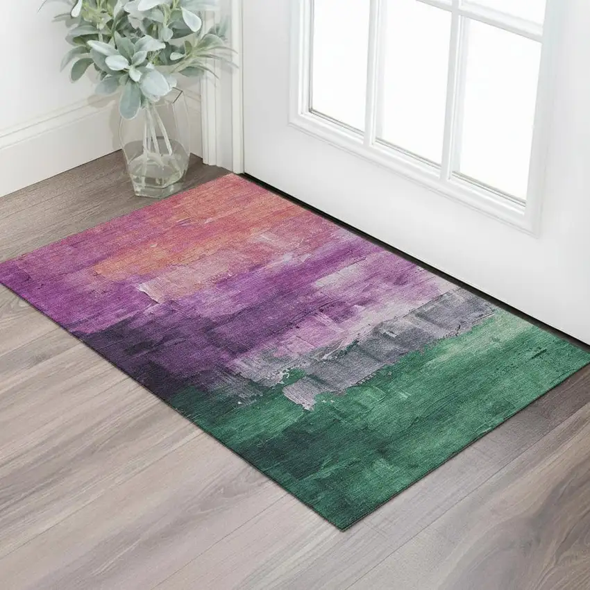 Purple Emerald And Coral Abstract Washable Area Rug With UV Protection Photo 2
