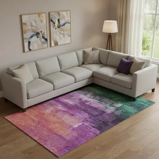Purple Emerald And Coral Abstract Washable Area Rug With UV Protection Photo 2