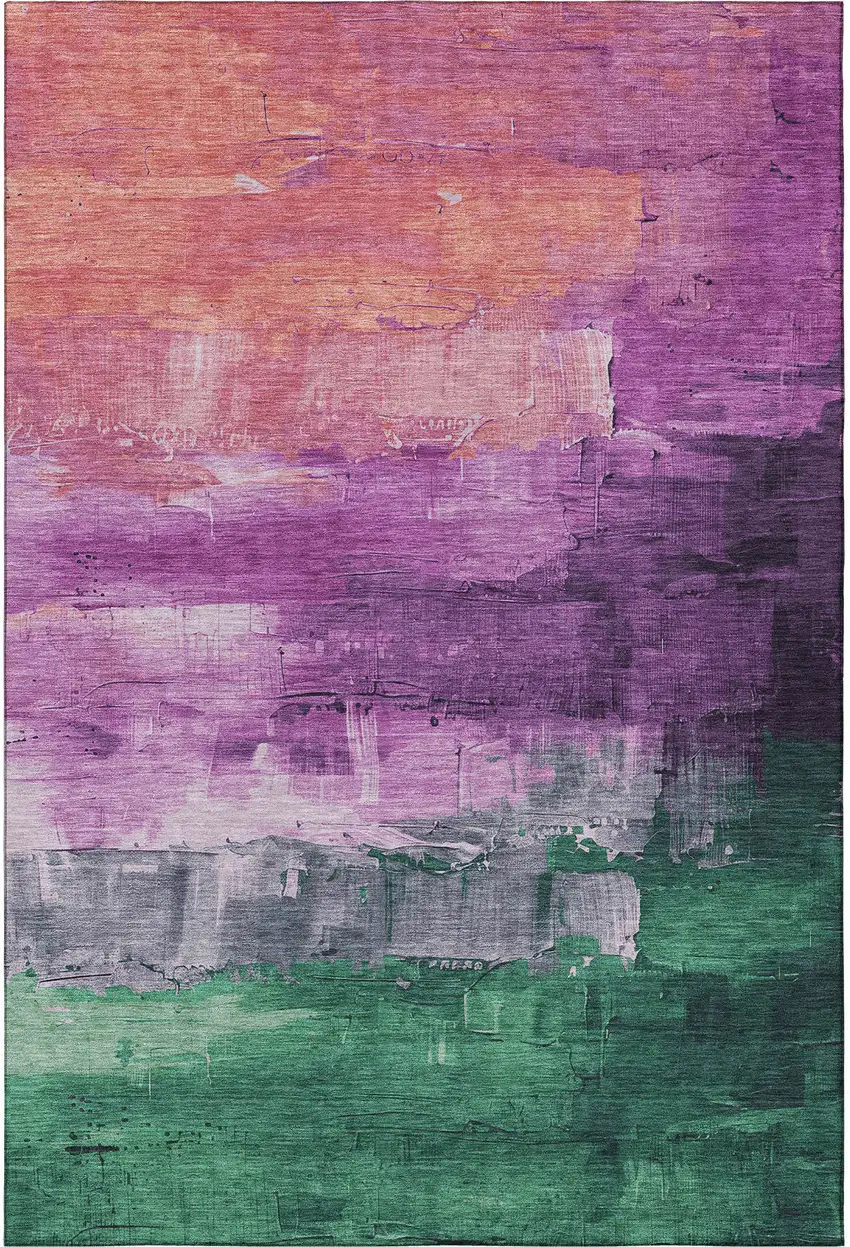 Purple Emerald And Coral Abstract Washable Area Rug With UV Protection Photo 3