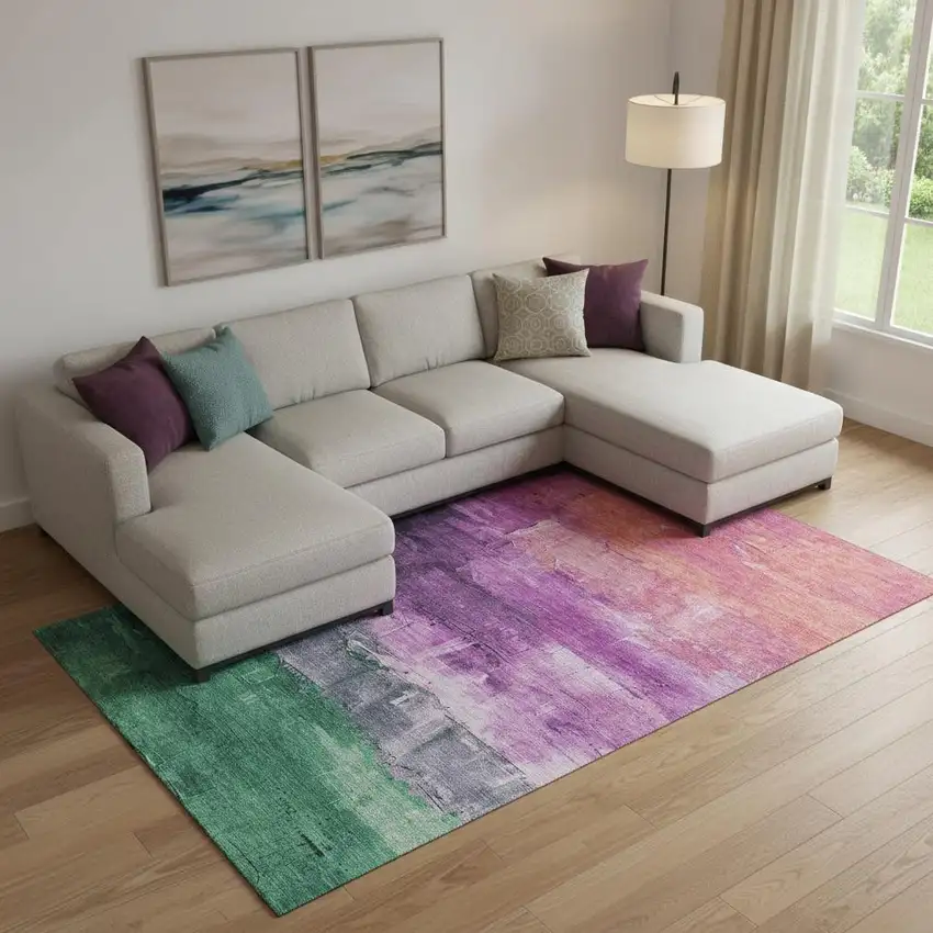 Purple Emerald And Coral Abstract Washable Area Rug With UV Protection Photo 2