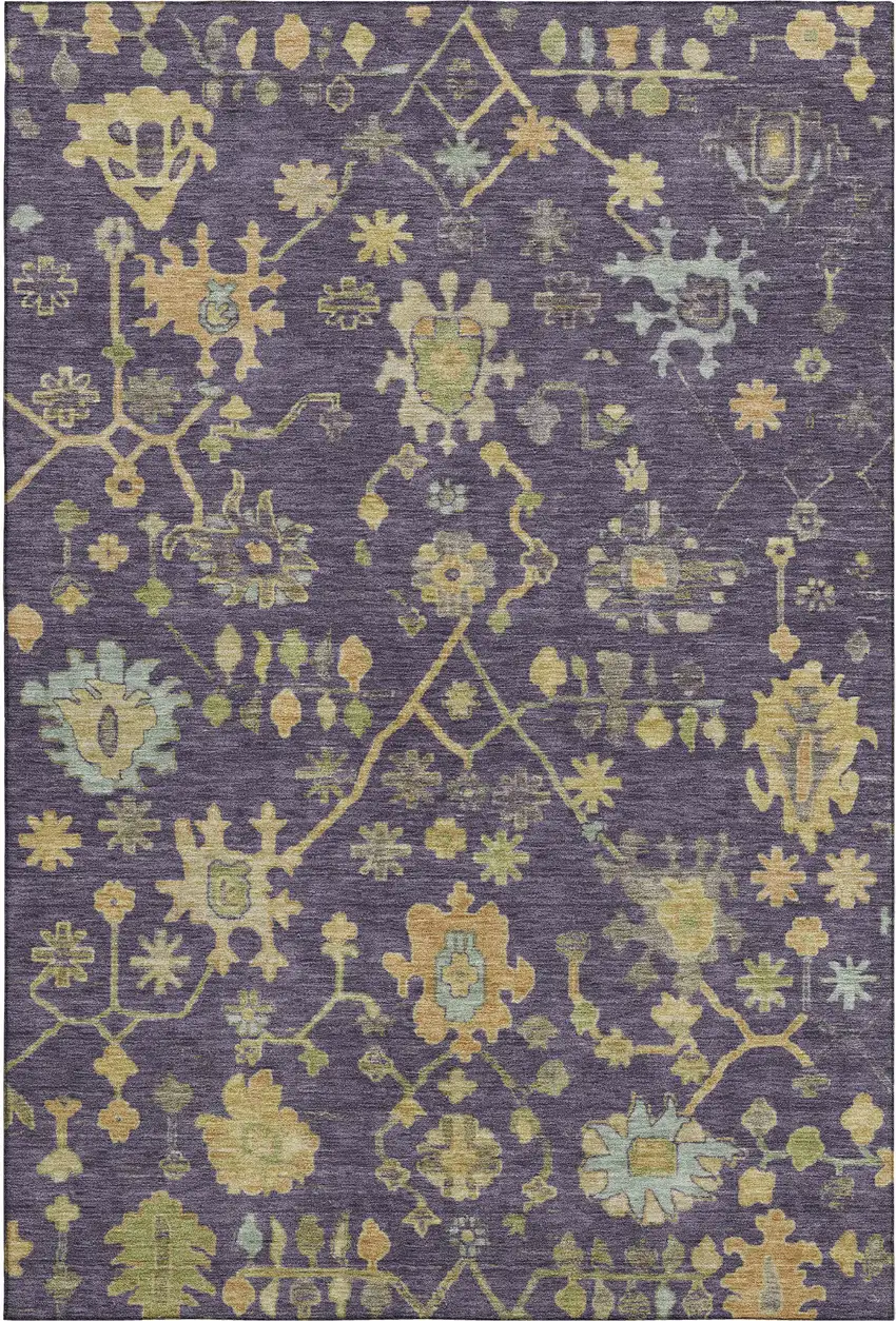 Purple Gold And Blue Floral Washable Area Rug With UV Protection Photo 1