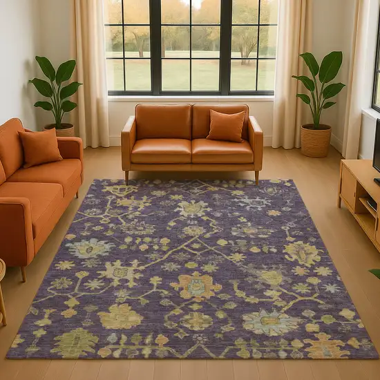 Purple Gold And Blue Floral Washable Area Rug With UV Protection Photo 5
