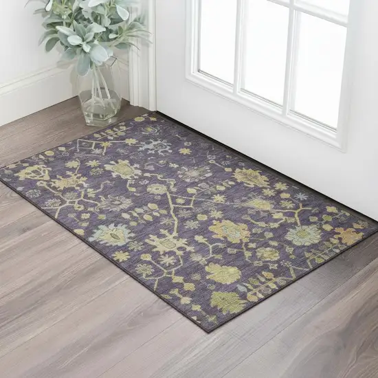 Purple Gold And Blue Floral Washable Area Rug With UV Protection Photo 2