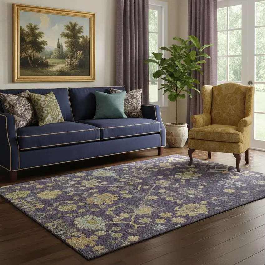 Purple Gold And Blue Floral Washable Area Rug With UV Protection Photo 2