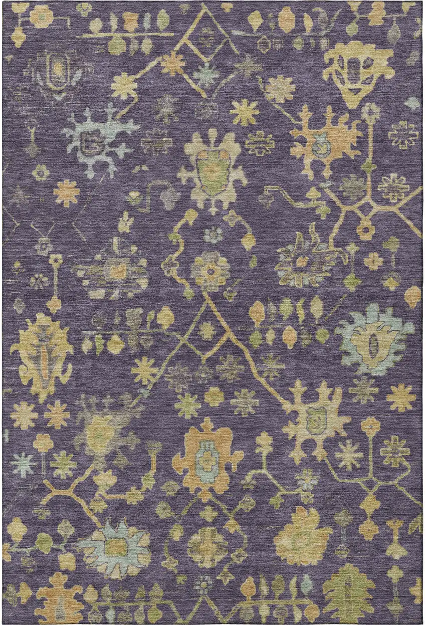Purple Gold And Blue Floral Washable Area Rug With UV Protection Photo 4