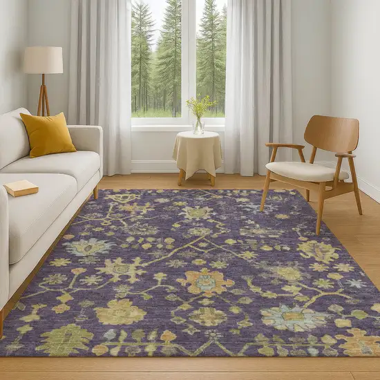 Purple Gold And Blue Floral Washable Area Rug With UV Protection Photo 6