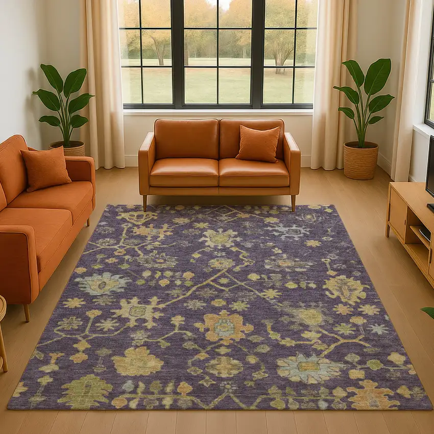 Purple Gold And Blue Floral Washable Area Rug With UV Protection Photo 5