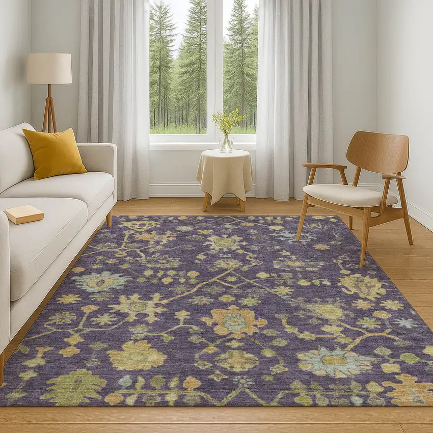 Purple Gold And Blue Floral Washable Area Rug With UV Protection Photo 6