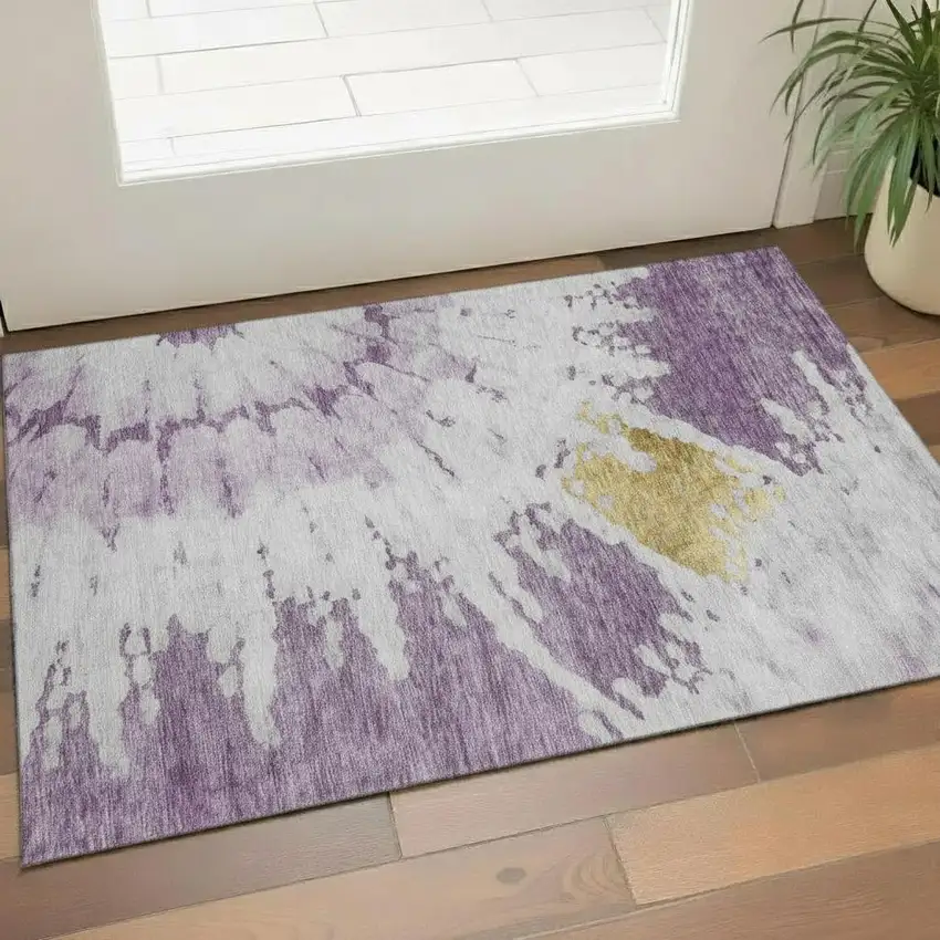 Purple Gold And Ivory Abstract Washable Area Rug With UV Protection Photo 1