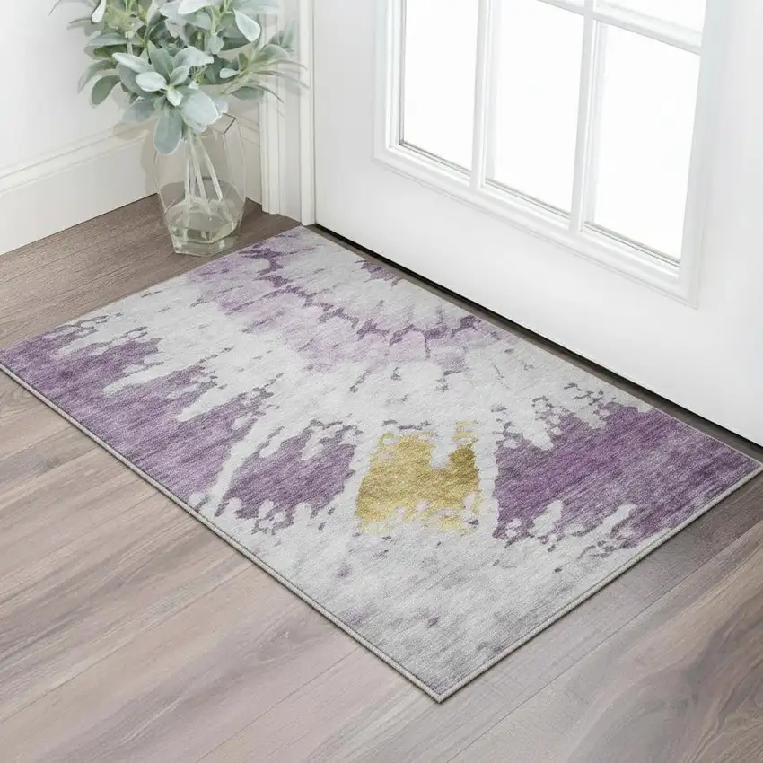 Purple Gold And Ivory Abstract Washable Area Rug With UV Protection Photo 2