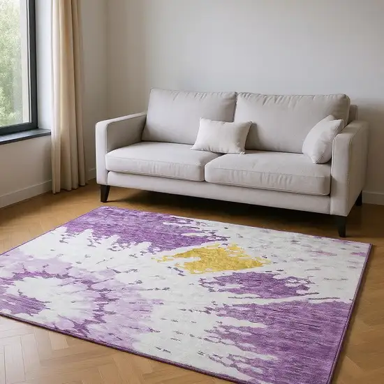 Purple Gold And Ivory Abstract Washable Area Rug With UV Protection Photo 2