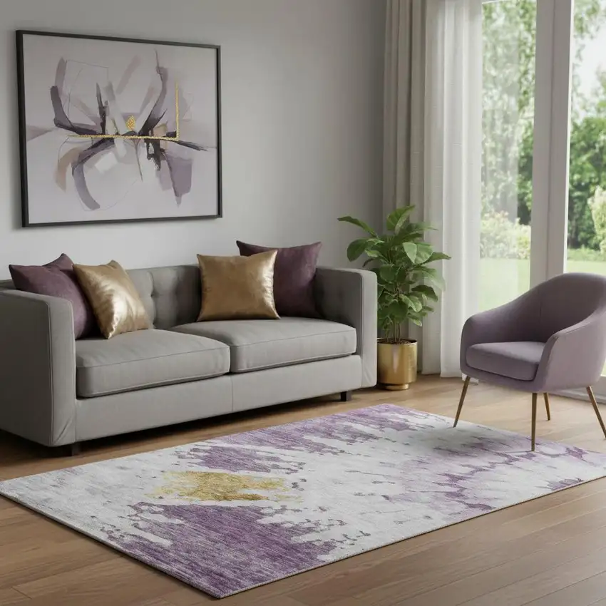 Purple Gold And Ivory Abstract Washable Area Rug With UV Protection Photo 1