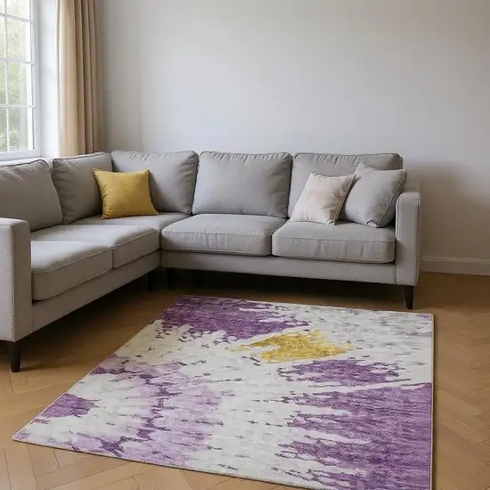 Purple Gold And Ivory Abstract Washable Area Rug With UV Protection Photo 2