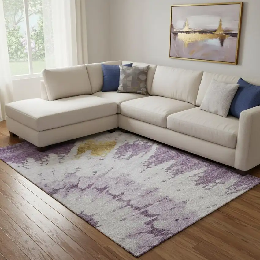 Purple Gold And Ivory Abstract Washable Area Rug With UV Protection Photo 1