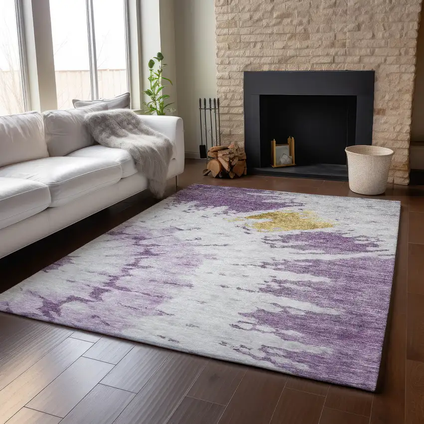 Purple Gold And Ivory Abstract Washable Area Rug With UV Protection Photo 6