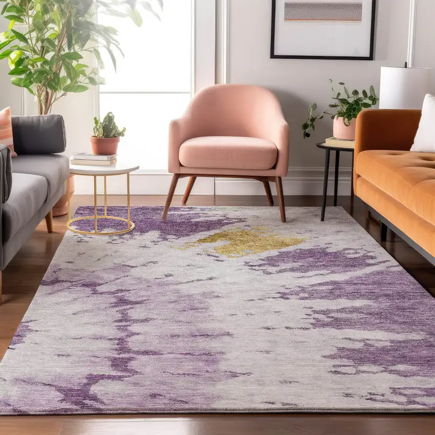 Purple Gold And Ivory Abstract Washable Area Rug With UV Protection Photo 5