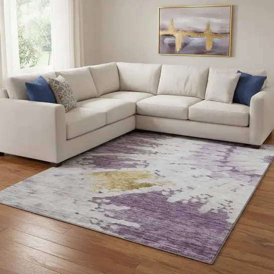 Purple Gold And Ivory Abstract Washable Area Rug With UV Protection Photo 1