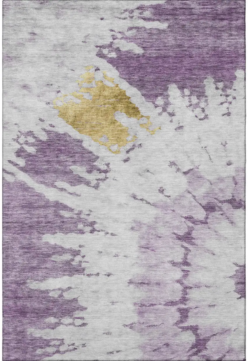Purple Gold And Ivory Abstract Washable Area Rug With UV Protection Photo 4