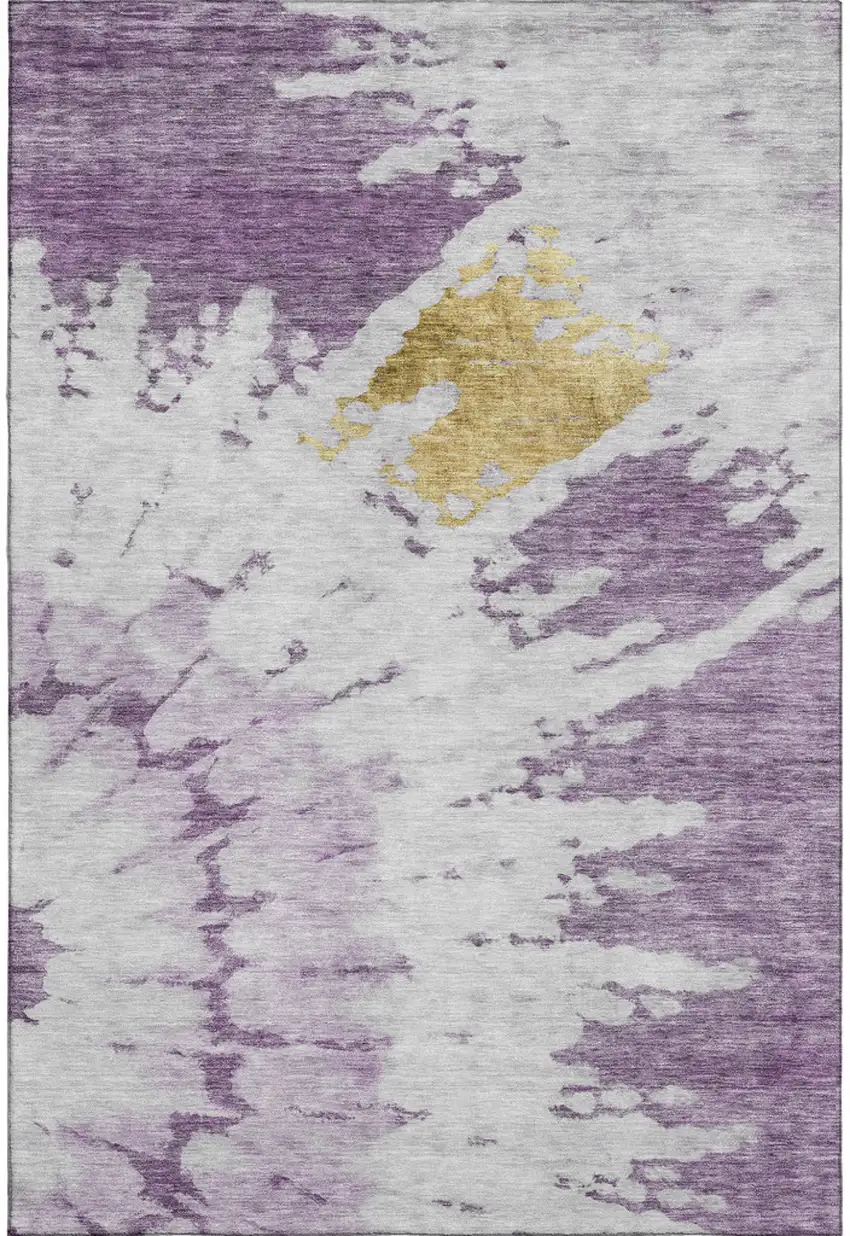 Purple Gold And Ivory Abstract Washable Area Rug With UV Protection Photo 1