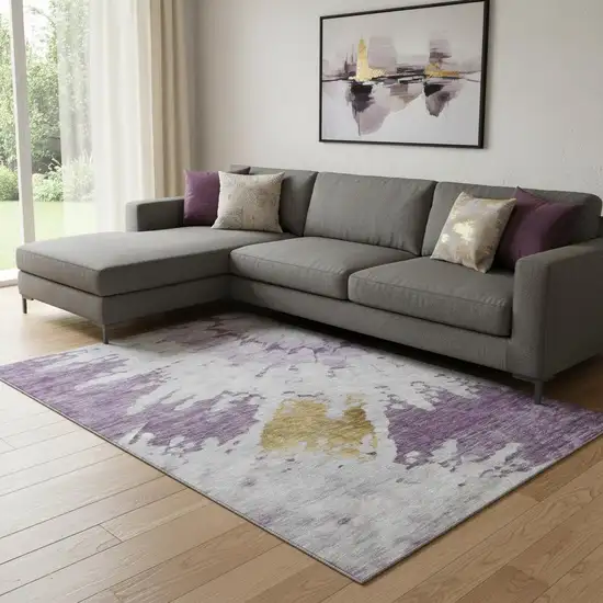 Purple Gold And Ivory Abstract Washable Area Rug With UV Protection Photo 1