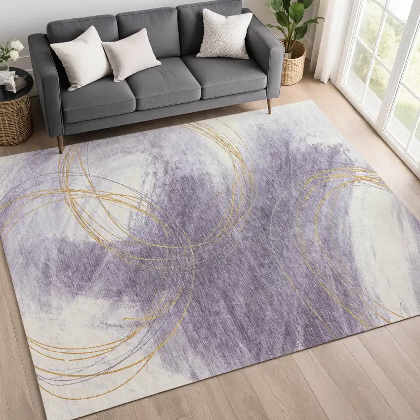 Purple Gold And Ivory Abstract Washable Indoor Outdoor Area Rug Photo 3