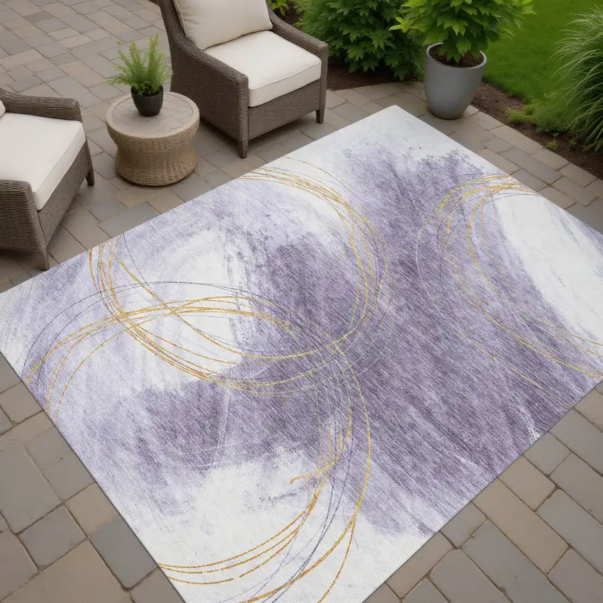 Purple Gold And Ivory Abstract Washable Indoor Outdoor Area Rug Photo 5