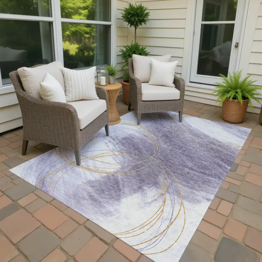 Purple Gold And Ivory Abstract Washable Indoor Outdoor Area Rug Photo 2